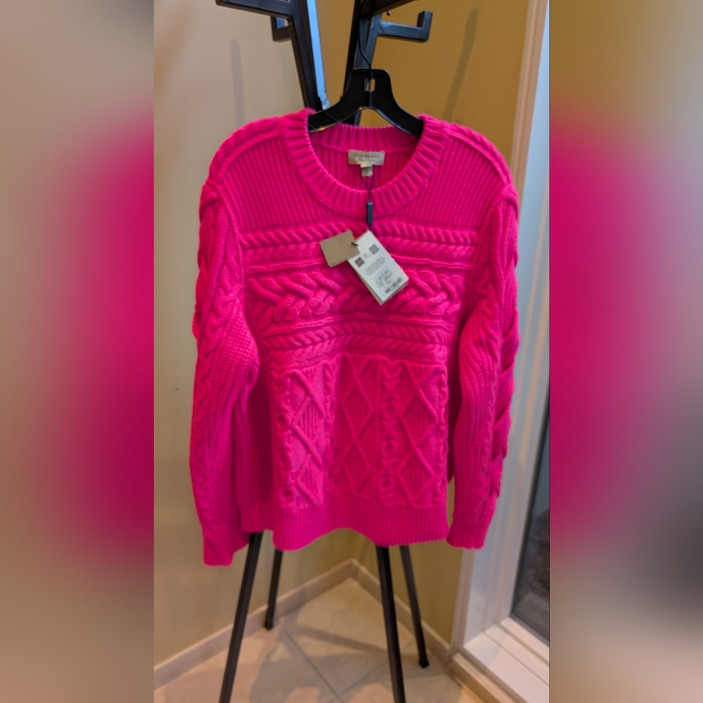 NWT BURBERRY Women's XL Bright Pink Rose Wool/Cashmere Cable Knit Sweater-$975
